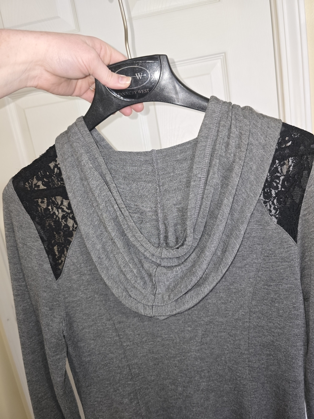 Gray Hooded Sweatshirt Dress Tunic with Lace Accents - Picture 9 of 10